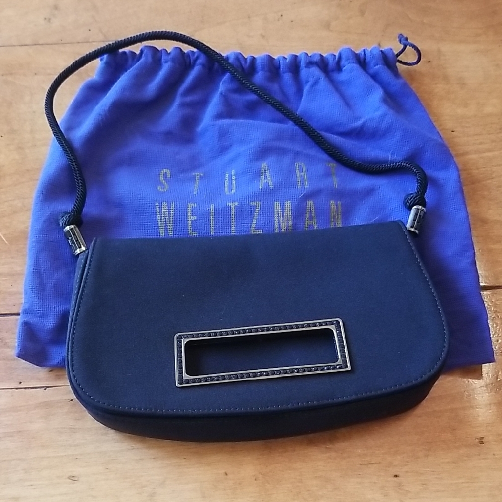 Stuart Weitzman Black Shoulder Clutch Evening Purse with Small Black Rhinestones